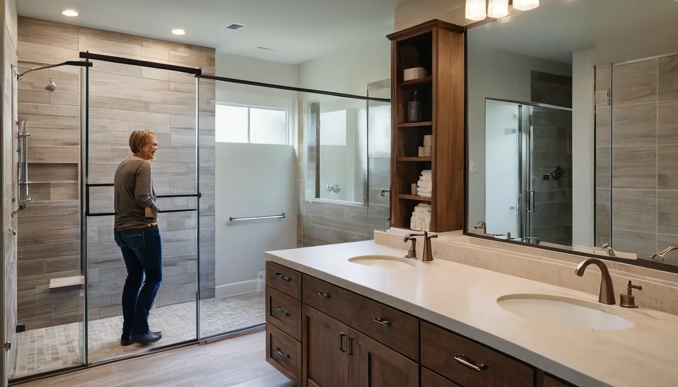 A bright, newly remodeled bathroom with a walk-in shower and vanity in a Eagle Mountain home